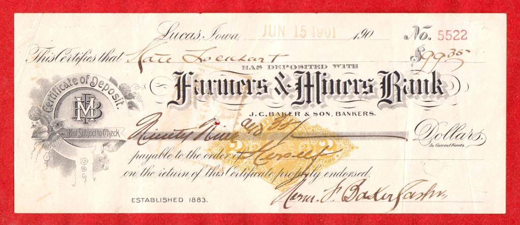 США, Farmers & Miners Bank (Айова), банковский чек, 1901 г., с ВЗ, № 5522, RRR!