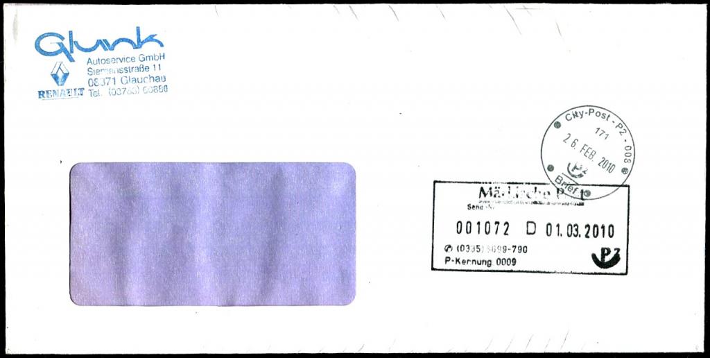 Германия 2010 частная почта Märkische Post Frankfurt /Oder конверт автосервис РЕНО