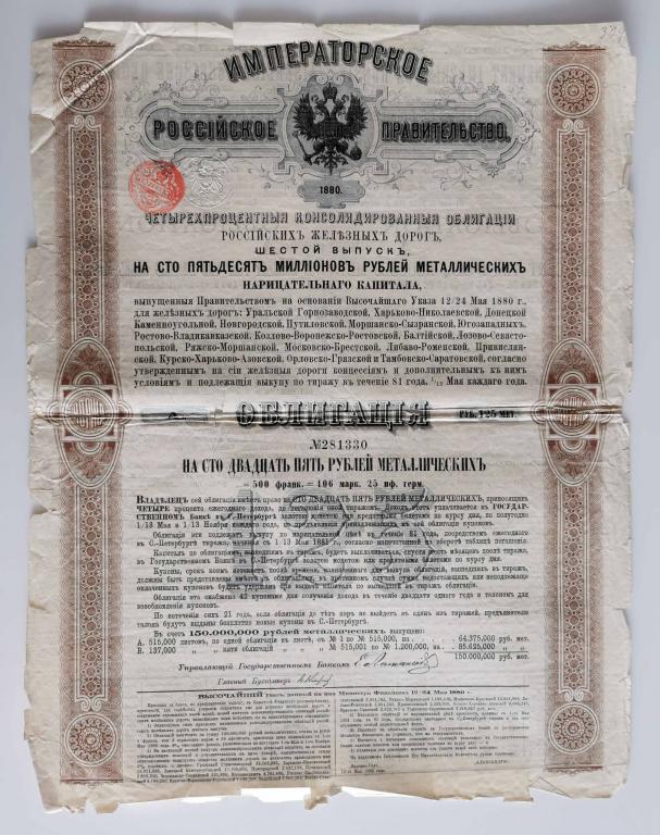 330 4% Консолидированная облигация РЖД 125 рублей 1880 Российские железные дороги облигация