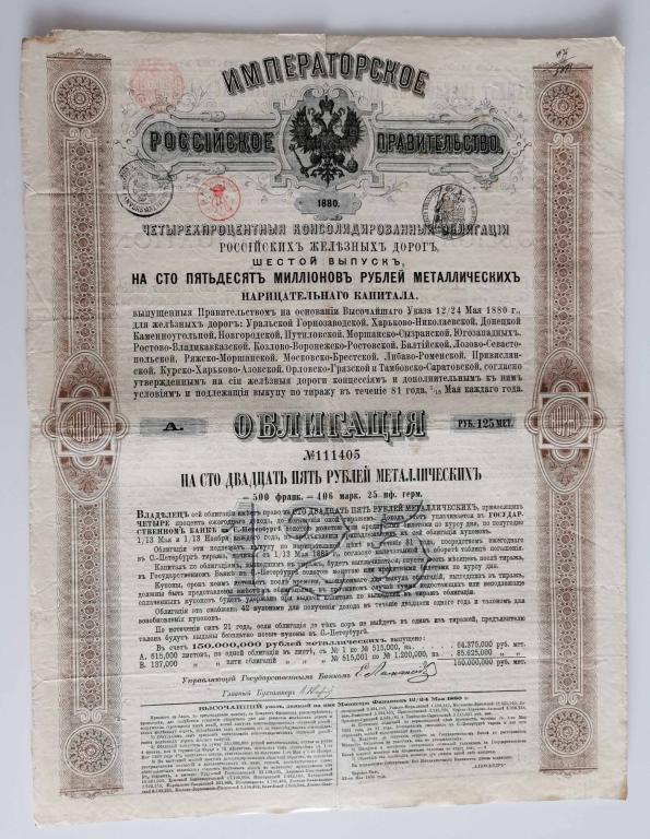 405 4% Консолидированная облигация РЖД 125 рублей 1880 Российские железные дороги облигация