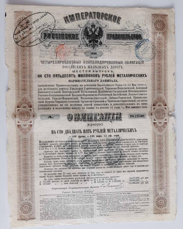 295 4% Консолидированная облигация РЖД 125 рублей 1880 Российские железные дороги облигация