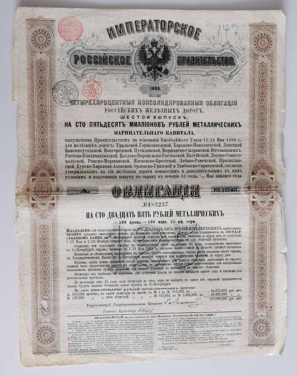 237 4% Консолидированная облигация РЖД 125 рублей 1880 Российские железные дороги облигация
