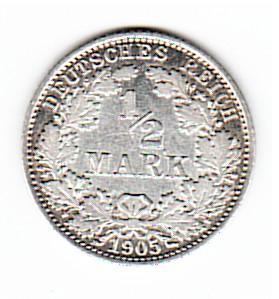 Германия 1\2 полмарки 1905 год серебро.