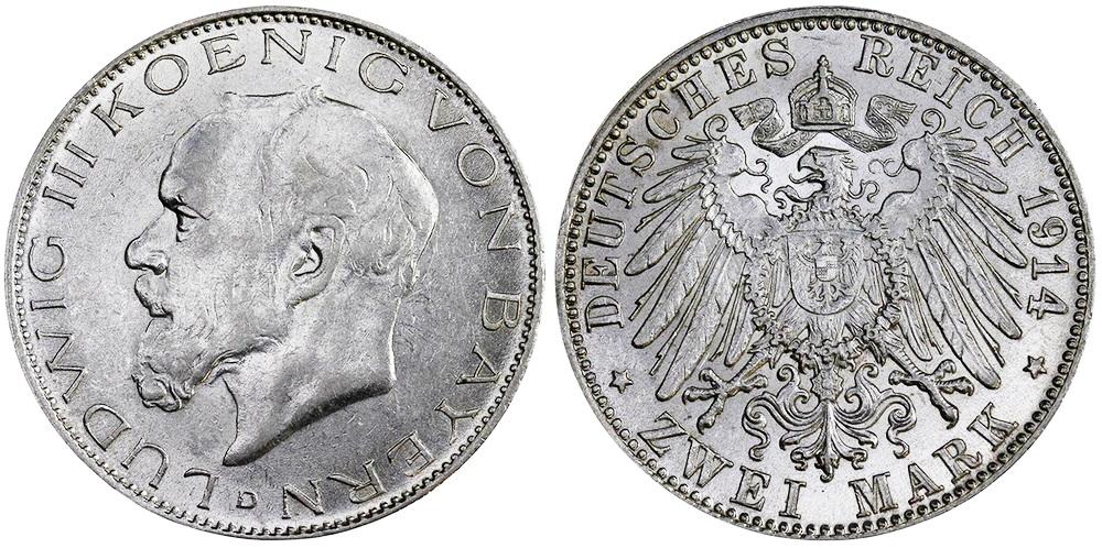 БАВАРИЯ 2 марки 1914D Людвиг III ННР UNC det. (0007)