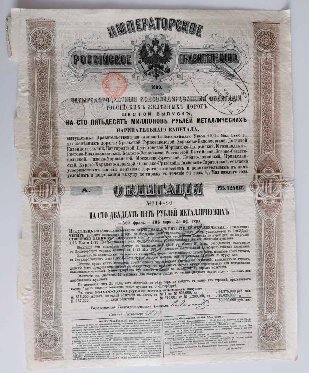 480 4% Консолидированная облигация РЖД 125 рублей 1880 Российские железные дороги облигация