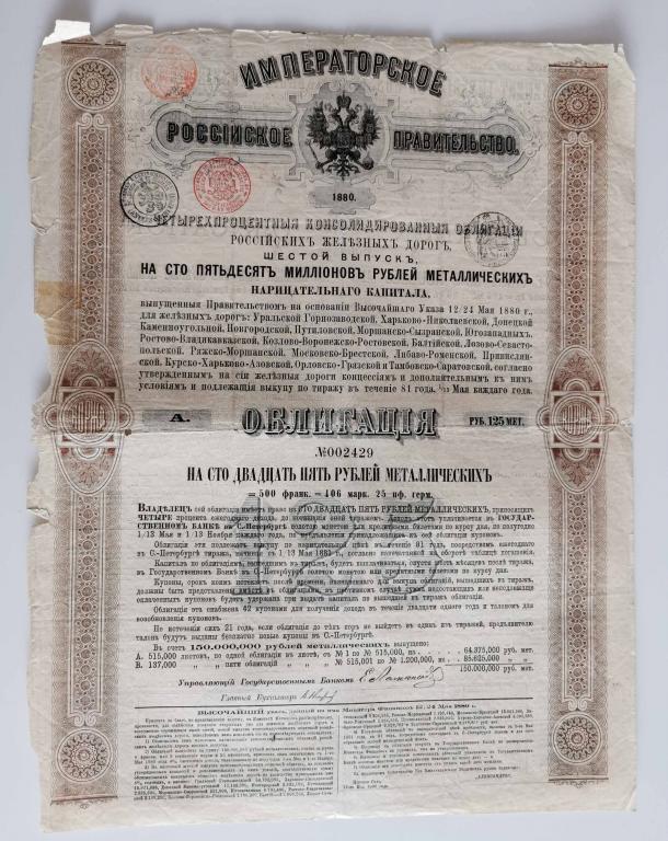429 4% Консолидированная облигация РЖД 125 рублей 1880 Российские железные дороги облигация