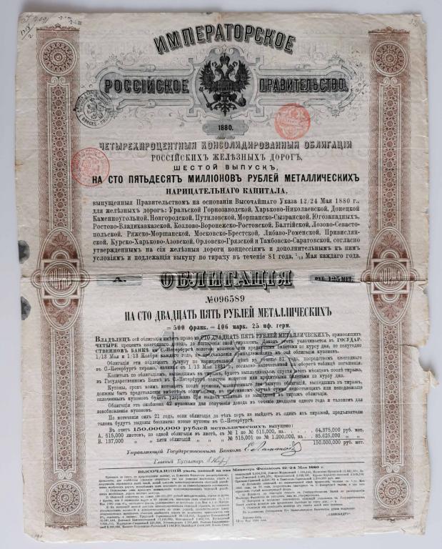 589 4% Консолидированная облигация РЖД 125 рублей 1880 Российские железные дороги облигация