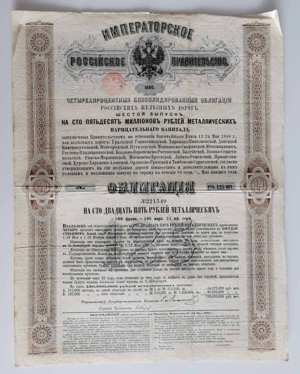 549 4% Консолидированная облигация РЖД 125 рублей 1880 Российские железные дороги облигация