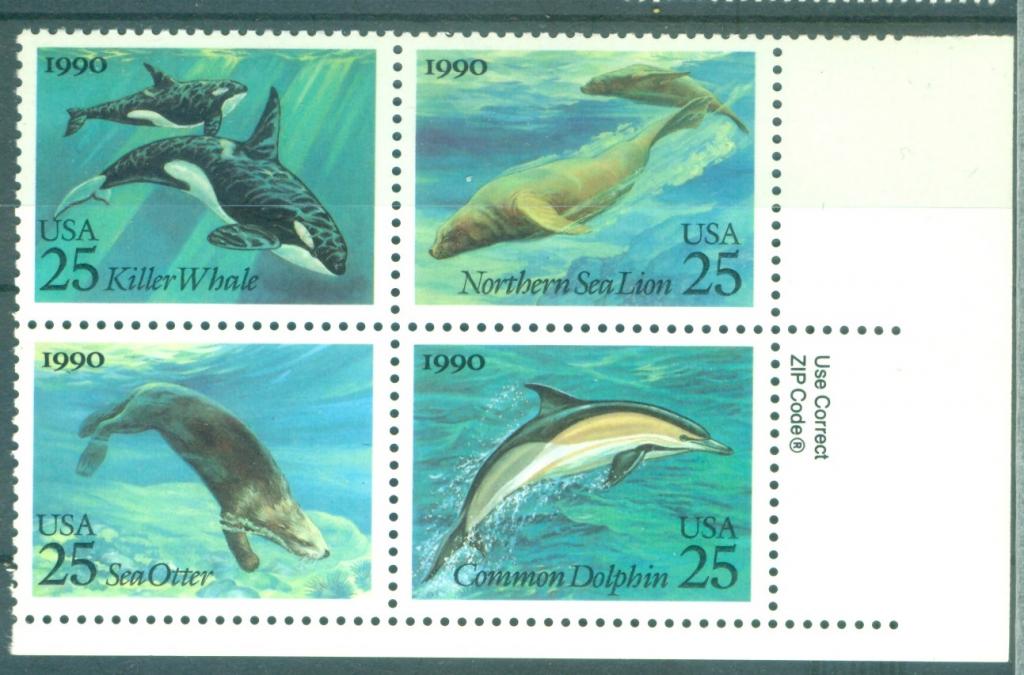 США 1990 г.  серия в сцепке  Морская фауна (совместный с СССР) негашеная**
