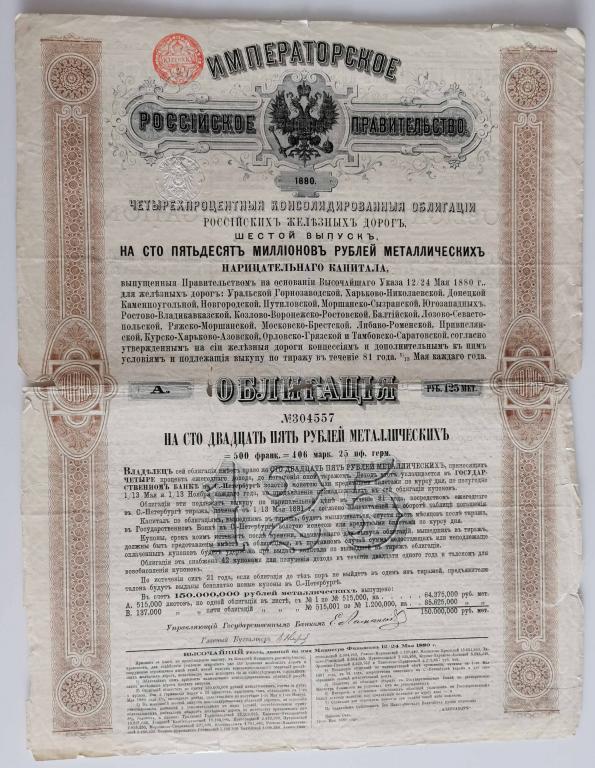 557 4% Консолидированная облигация РЖД 125 рублей 1880 Российские железные дороги облигация
