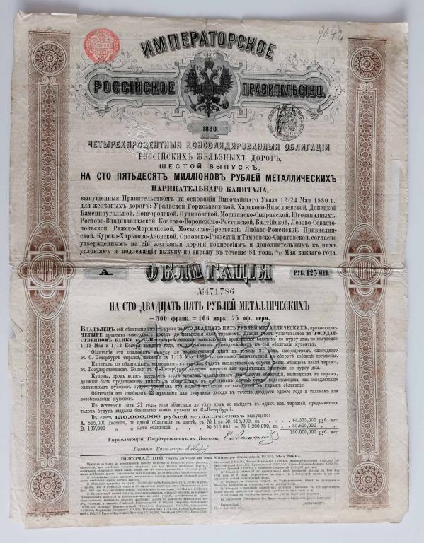 786 4% Консолидированная облигация РЖД 125 рублей 1880 Российские железные дороги облигация