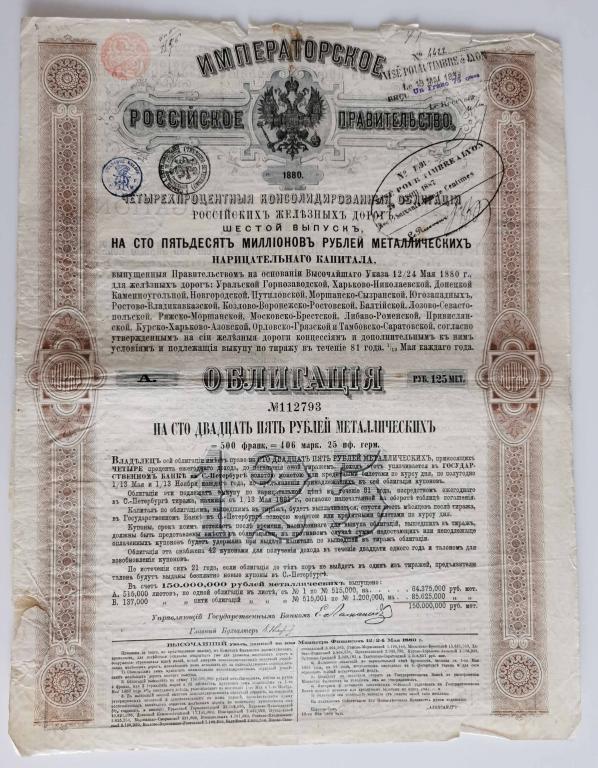793 4% Консолидированная облигация РЖД 125 рублей 1880 Российские железные дороги облигация