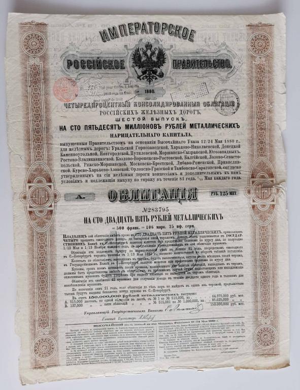 795 4% Консолидированная облигация РЖД 125 рублей 1880 Российские железные дороги облигация