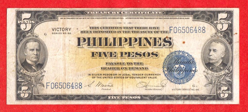 Филиппины, 5 песо, 1944, F 06506488, ЮБИЛЕЙНАЯ, НАДПЕЧАТКА «VICTORY», РЕДКИЕ, RRR