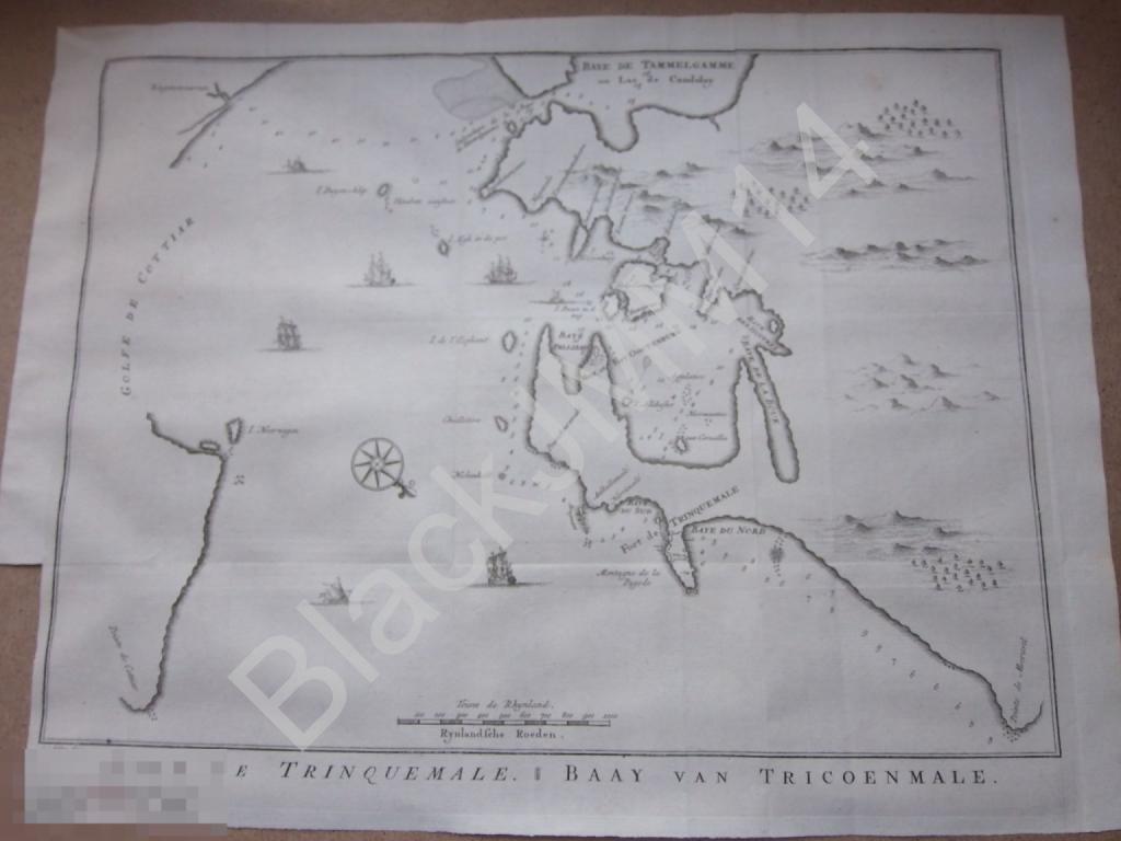 1755 Гравюра на меди Глубокий оттиск Карта Залив Тринкомали Шри-Ланка Корабли 