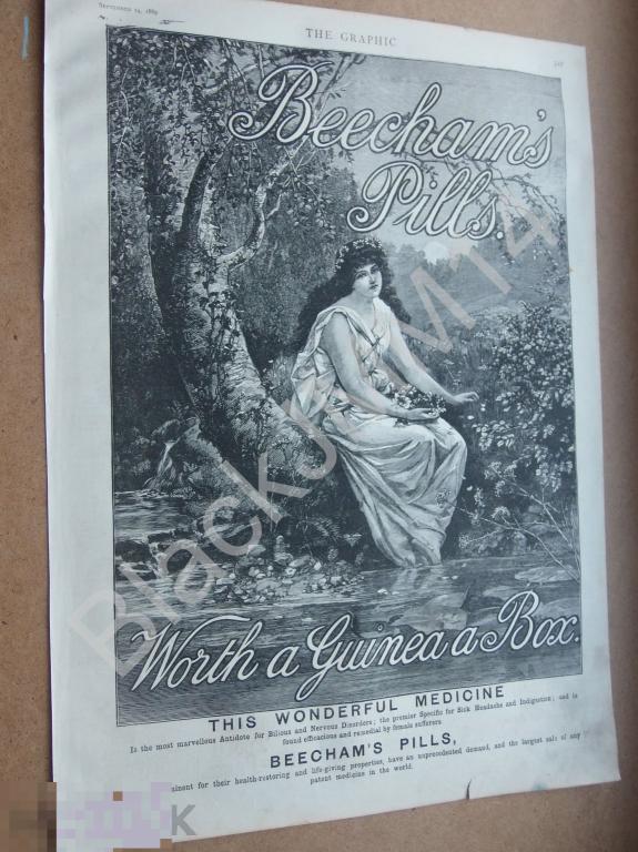 1889 г. Реклама большая Девушка Таблетки слабительные BEECHAM`S PILLS 29х40 см 