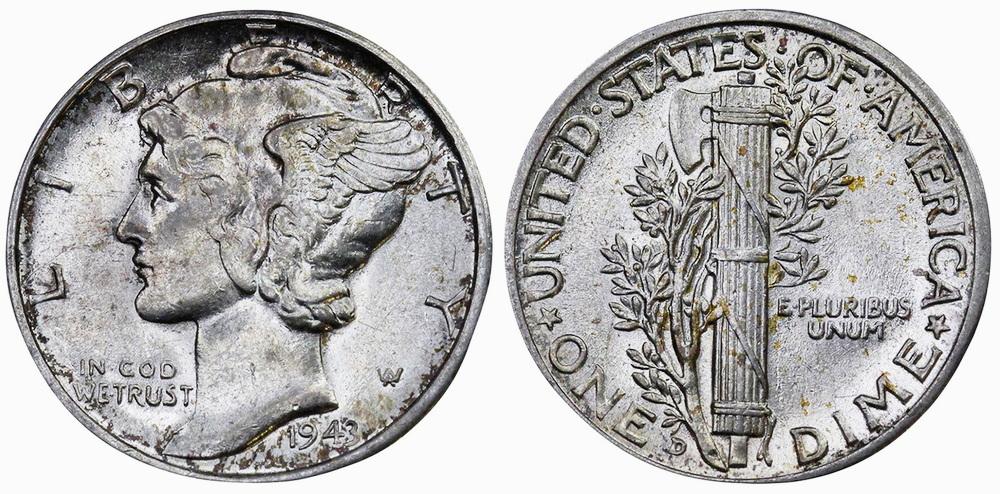 США 10 центов 1943-D ННР MS63 (0007)