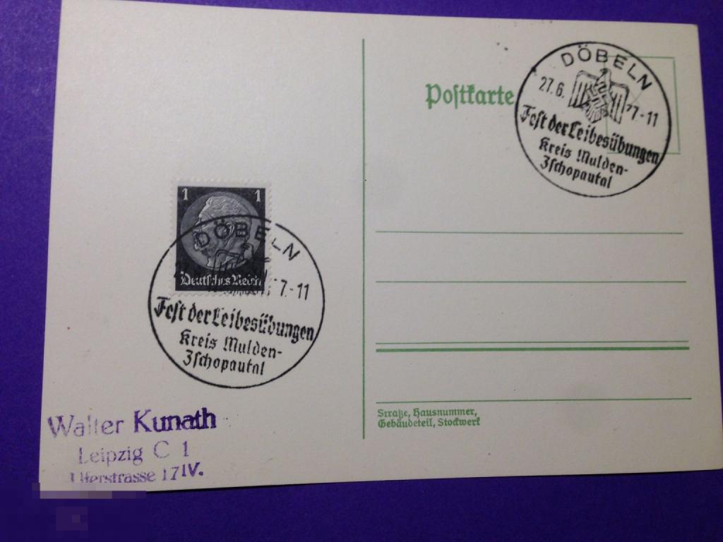 оВл142 1937 Почтовая карточка   Третий  рейх  Гашение    Дёбельн Германия Walter Kunath   ххх 