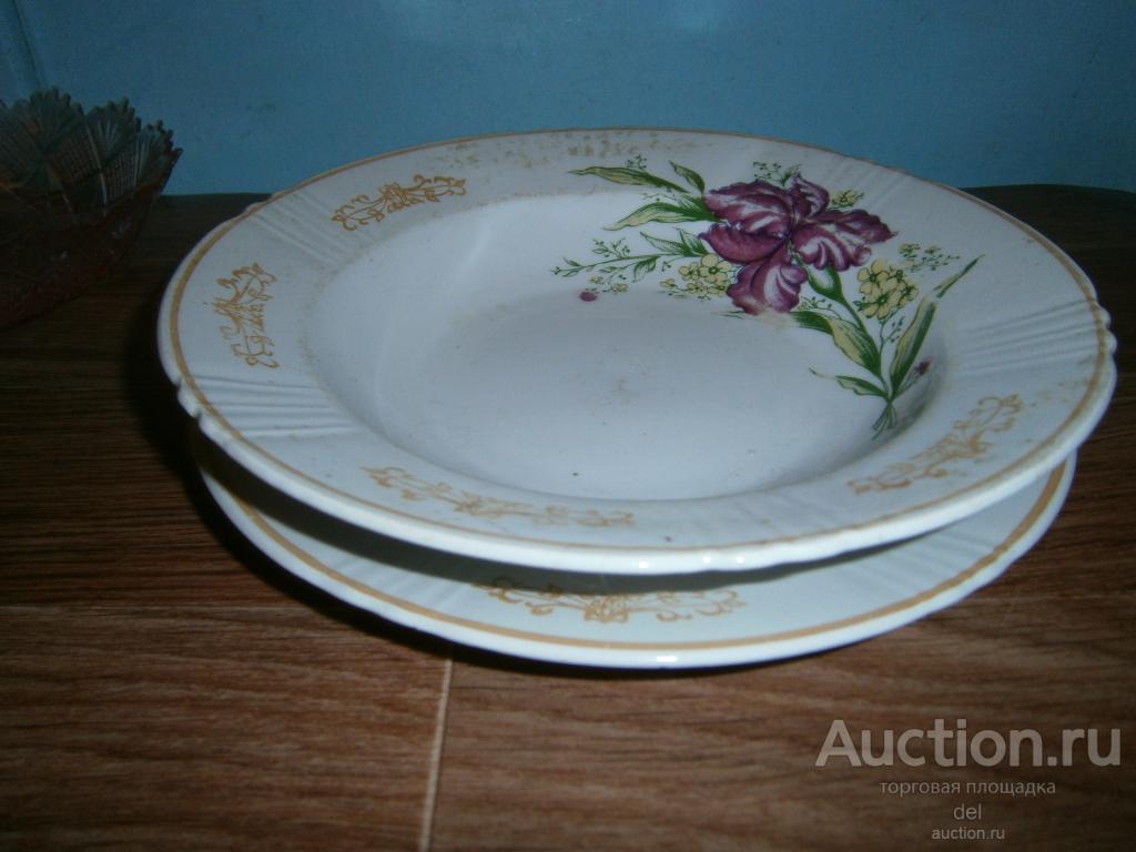 Тарелка суповая с подтарельником, Ирис, фигурный край, клеймо, Дружковка, СССР, лотом,фарфор