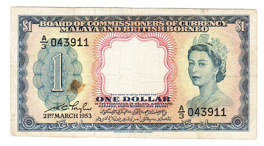 Малайзия Малайя и британское борнео 1 один доллар 1953 год бона.