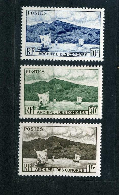 Французские Коморские о-ва Коморы. Ландшафты. Парусники. 3 марки. 1950**