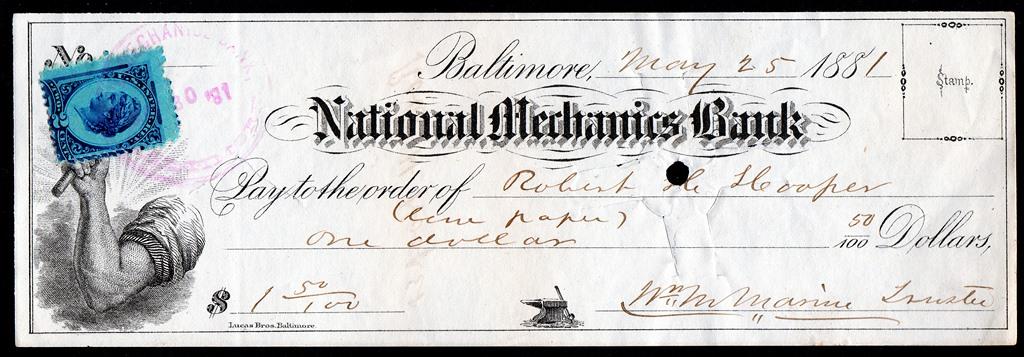 США Чек 1.5 доллара Филадельфия National Mechanics Bank 1881.ориг..сост