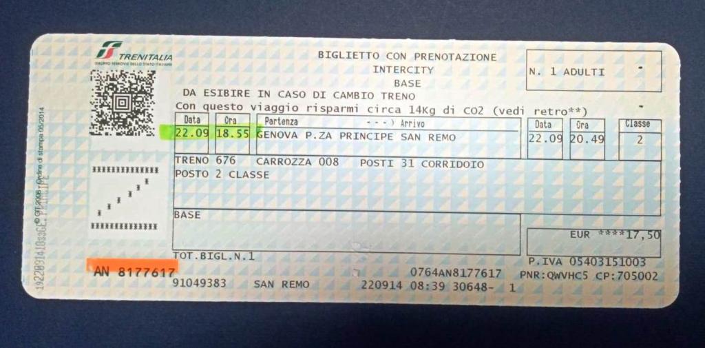 Билет электричка Италия Генуя Сан Ремо 2014