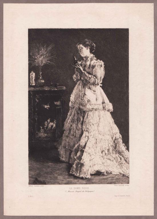 Леди в розовом.  "La Dame Rose"  Антикварная иллюстрация конца XIX века.