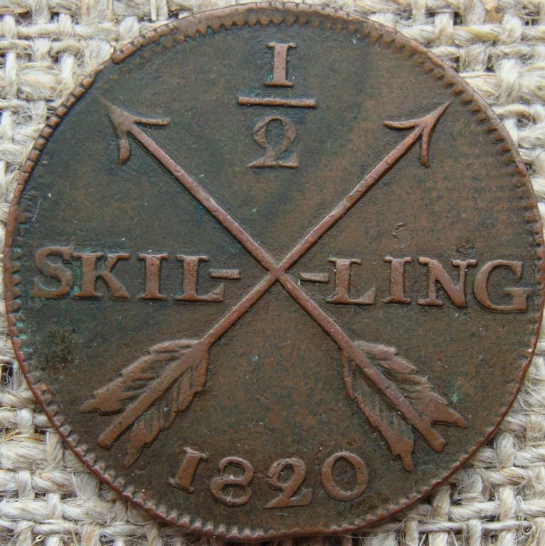 Швеция 1/2 скиллинга 1820 год. Карл XIV Юхан. РЕЛЬЕФ !!!