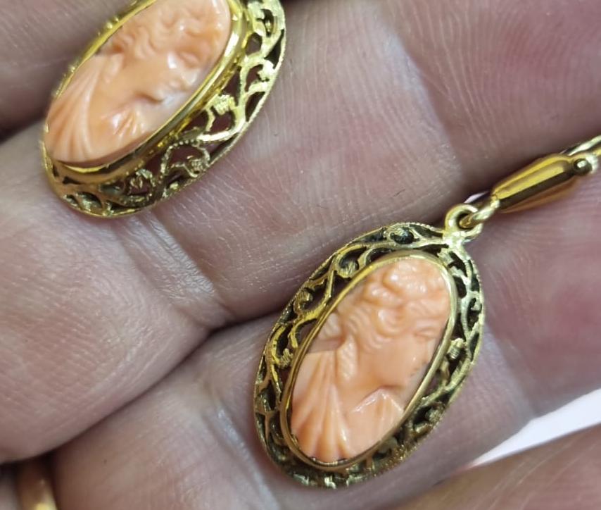 золотые серьги с камеями коралл, натуральный коралл, золото 585 проба