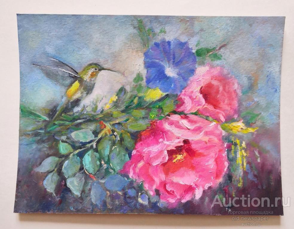Картина. Миниатюра колибри и цветы. Картон (1мм),масло, 23 на 17 см