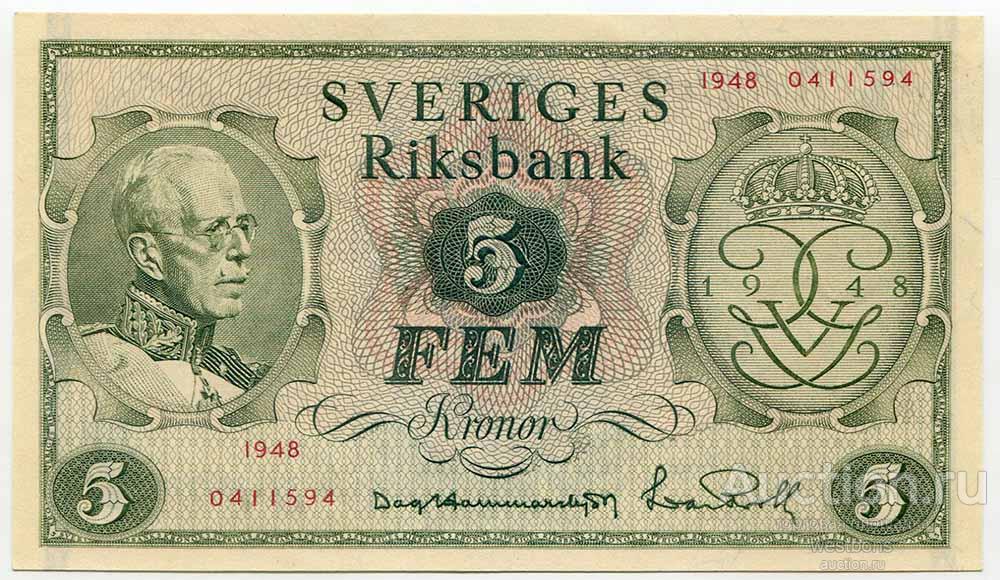 Швеция 5 крон 1948 г. памятные KM 41a UNC-