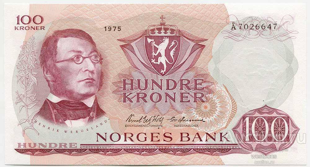 Норвегия 100 крон 1975 г. KM 38g UNC