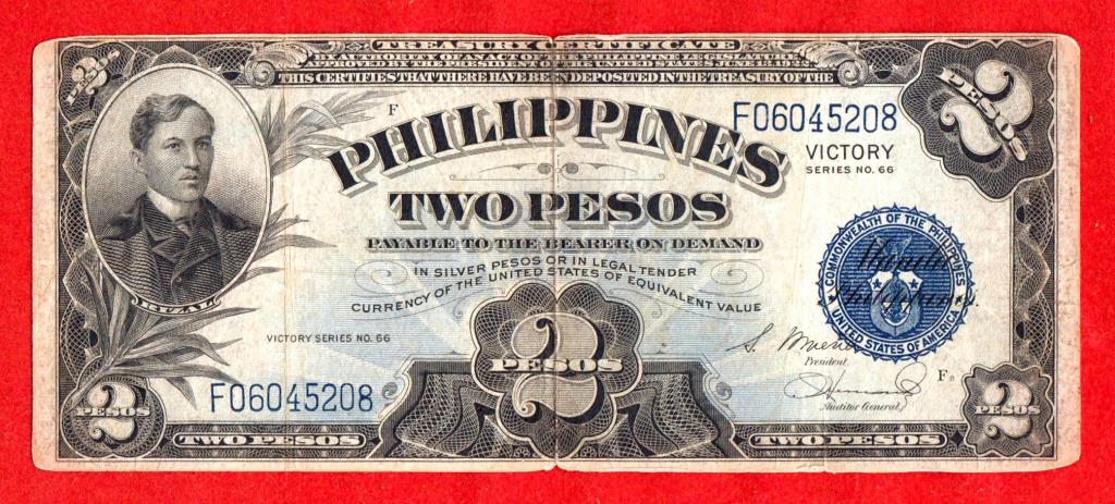 Филиппины, 2 песо, 1944, F 06045208, ЮБИЛЕЙНАЯ, НАДПЕЧАТКА «VICTORY», РЕДКИЕ, RRR