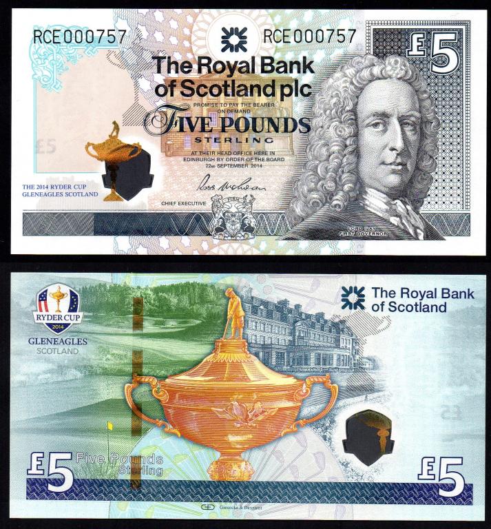 Шотландия -  5 фунтов 2014 г., P 369, ЮБ, Низкий Номер 757   UNC