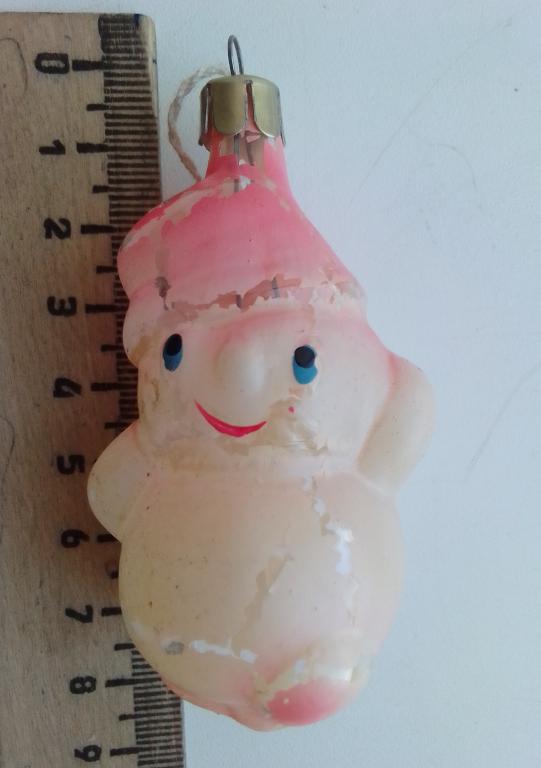 Снеговик розовый елочная новогодняя игрушка на подвеске СССР стекло без вмешательств
