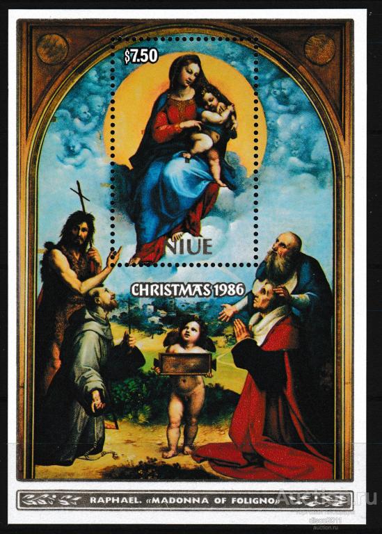 Ниуэ 1986 Рождество. Рафаэль Санти. Мадонна ди Фолиньо. Религиозная живопись блок**