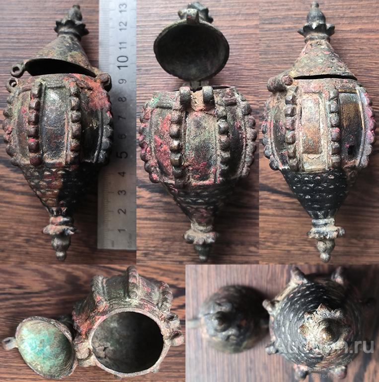 Оригинальный средневековый бронзовый сосуд-мощевик (энколпион, панагия, ковчежец, панагиар, рака)