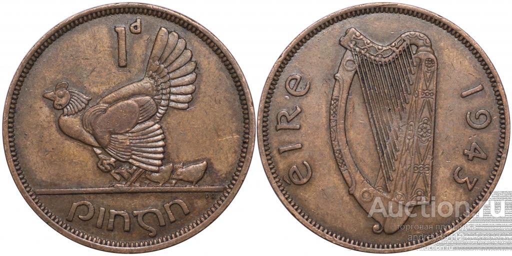 Ирландия 1 пенни 1943 (арт 9727)