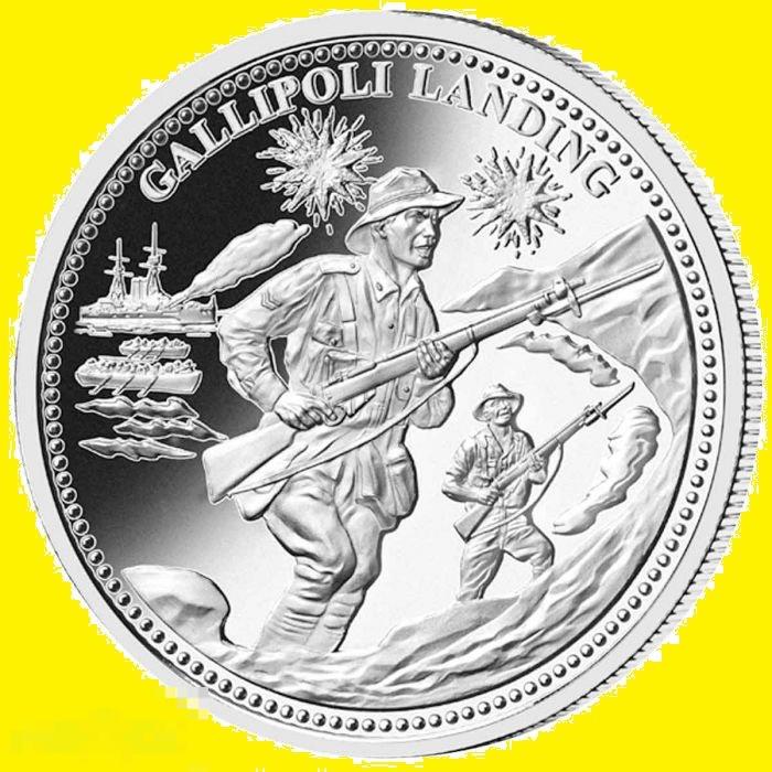 * Австралия монетовидный жетон * Gallipoli Landing * Война WWI * Корабль * Солдат * Серебро *Капсула 