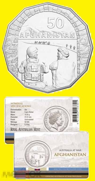 * Австралия 50 центов 2016 Afghanistan * Солдат * Война * Верблюд * Карточка (№ 18 в серии) 