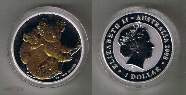 * Австралия 1 доллар 2008 Коала * Медведь * Серебро 1 унция * Позолота * Unc 
