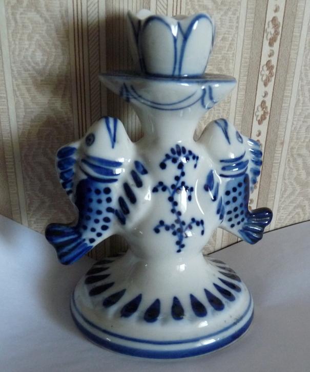 Подсвечник фарфоровый Рыбы, Гжель, СССР