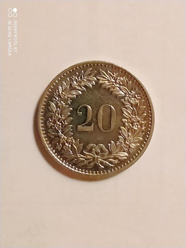 Швейцария. 20 раппенов. 1975 год.