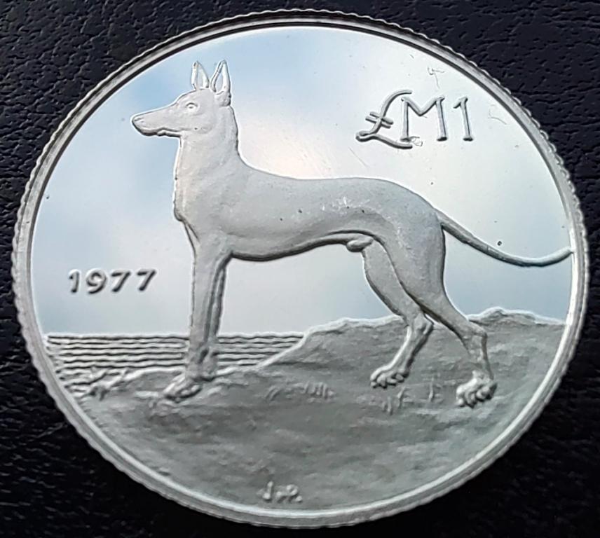Мальта 1 фунт (лира) 1977 - Мальтийская Борзая - Серебро, Пруф, Редкая, В идеале