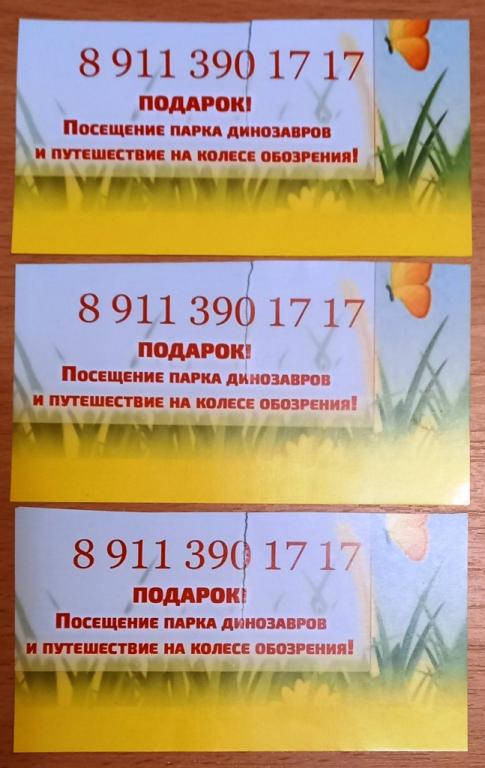 К27.511 КУПОН ТАЛОН, ПАРК ДИНОЗАВРОВ, ВЕЛИКИЕ ЛУКИ, ТРИ ШТУКИ ОДНИМ ЛОТОМ