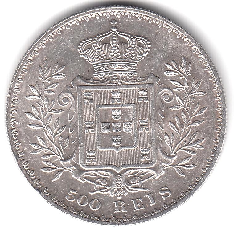 Португалия 500 рейс 1892 - Карл I - Серебро, Редкая, Отличная UNC