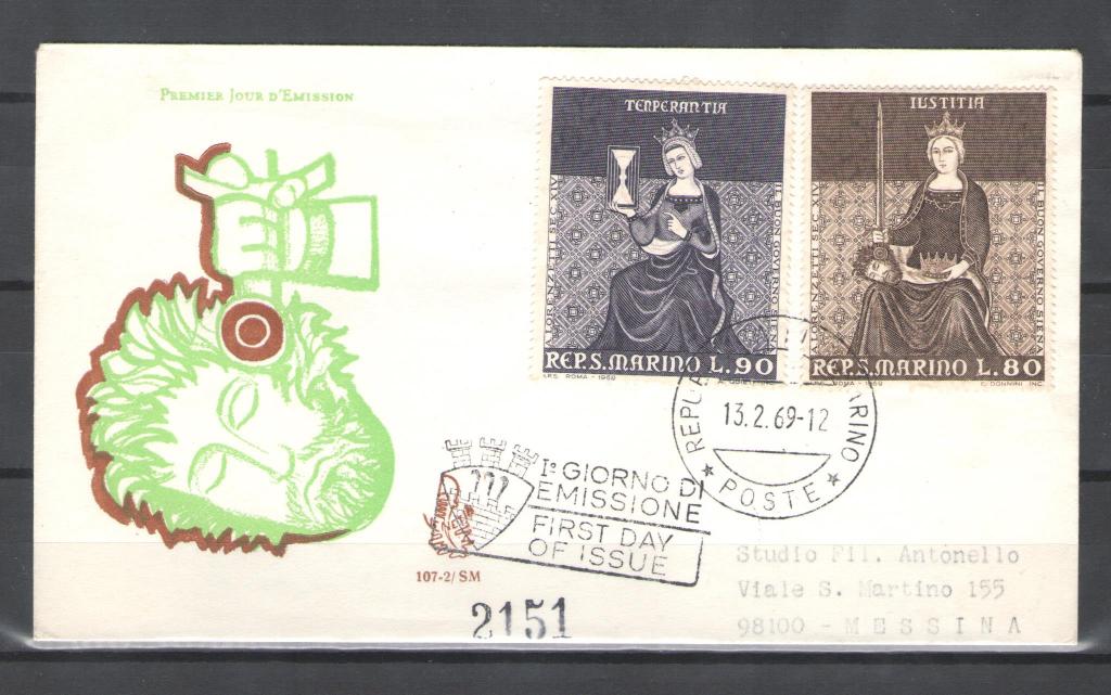 Сан Марино 1969г.  Фрески, искусство. Конверт прошедший почту.