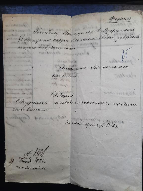1886 г. Сведение о урожае хлебов и картофеля Яланское Волостного правления. Енисейской губ.