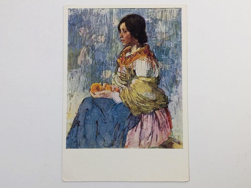 Кравченко А. И. Девушка итальянка с апельсинами. Открытка. 1963. Изогиз